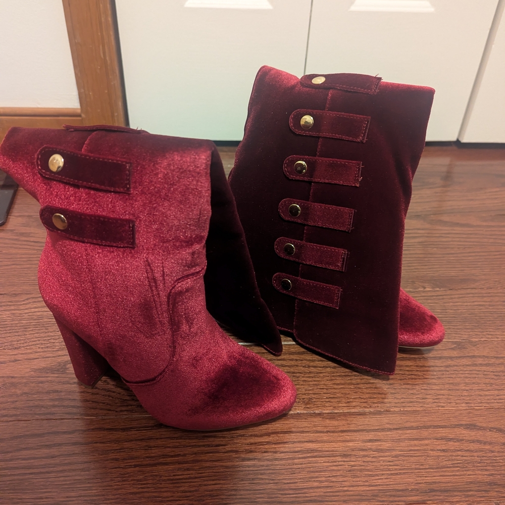 JustFab Burgundy Velvet Heeled Boots